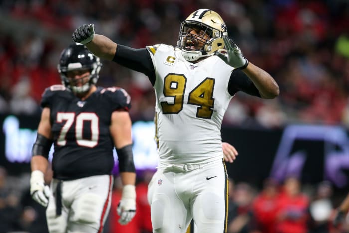 Saints All-Pro DE Cam Jordan celebrates one of his four sacks on Falcons Matt Ryan.